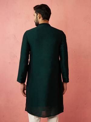 vastramay men's bottle green vichitra silk kurta - traditional embroidered wedding ethnic 5