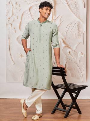 mint green jacquard embroidered cotton blend kurta with cream fine satin pyjama | summer festive set 1