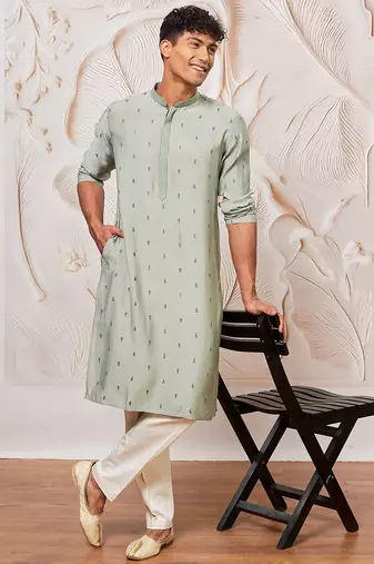 mint green jacquard embroidered cotton blend kurta with cream fine satin pyjama | summer festive set