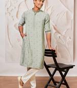 mint green jacquard embroidered cotton blend kurta with cream fine satin pyjama | summer festive set