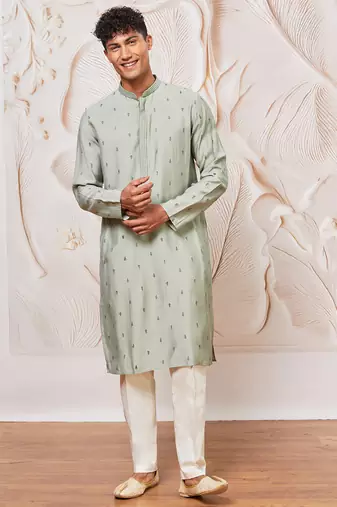 mint green jacquard embroidered cotton blend kurta with cream fine satin pyjama | summer festive set