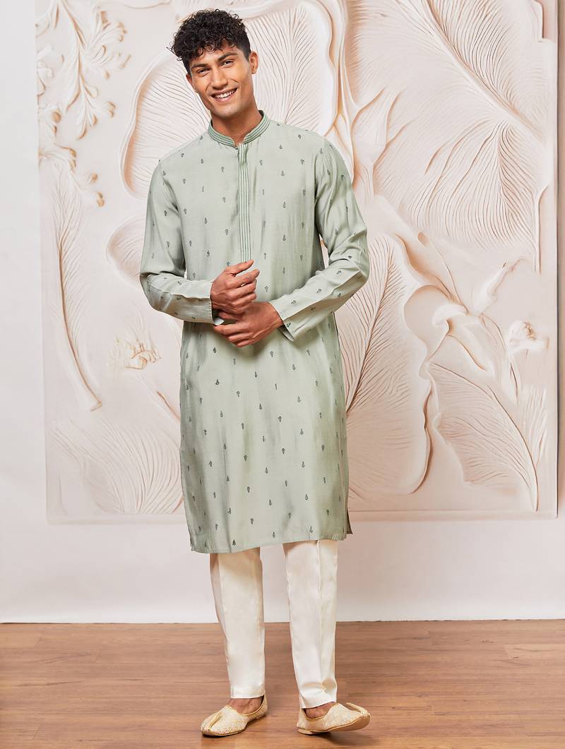 mint green jacquard embroidered cotton blend kurta with cream fine satin pyjama | summer festive set