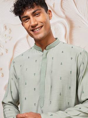 mint green jacquard embroidered cotton blend kurta with cream fine satin pyjama | summer festive set 3