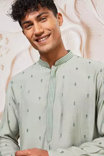 mint green jacquard embroidered cotton blend kurta with cream fine satin pyjama | summer festive set