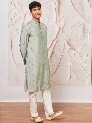 mint green jacquard embroidered cotton blend kurta with cream fine satin pyjama | summer festive set 4