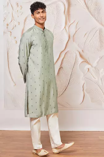 mint green jacquard embroidered cotton blend kurta with cream fine satin pyjama | summer festive set