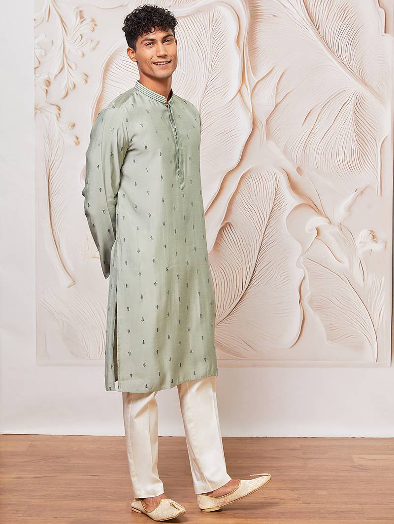mint green jacquard embroidered cotton blend kurta with cream fine satin pyjama | summer festive set