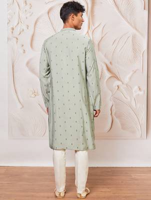 mint green jacquard embroidered cotton blend kurta with cream fine satin pyjama | summer festive set 5