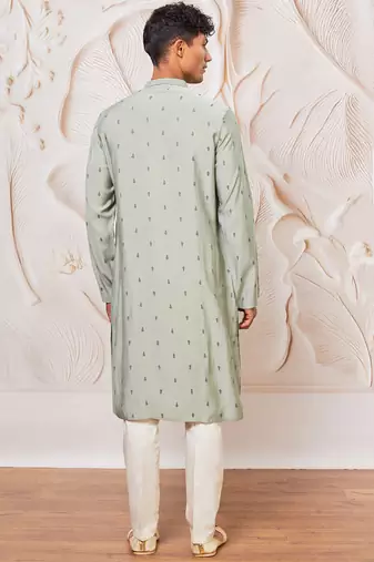 mint green jacquard embroidered cotton blend kurta with cream fine satin pyjama | summer festive set