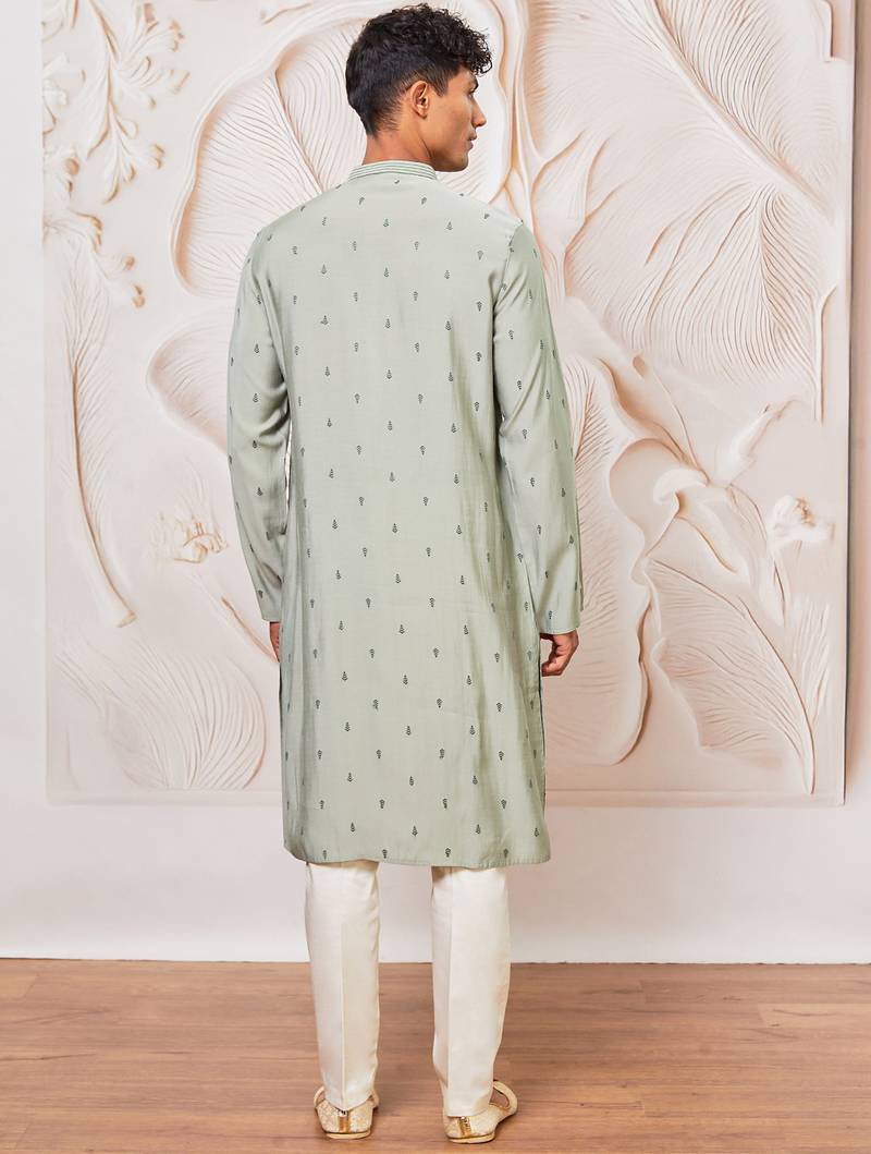 mint green jacquard embroidered cotton blend kurta with cream fine satin pyjama | summer festive set
