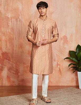 peach silk blend jacquard kurta with cream pyjama | festive wedding summer wear 1