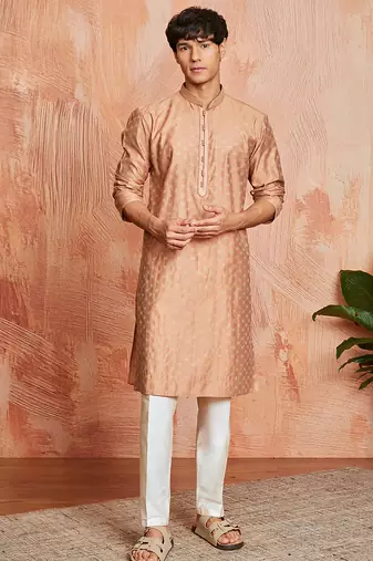 peach silk blend jacquard kurta with cream pyjama | festive wedding summer wear