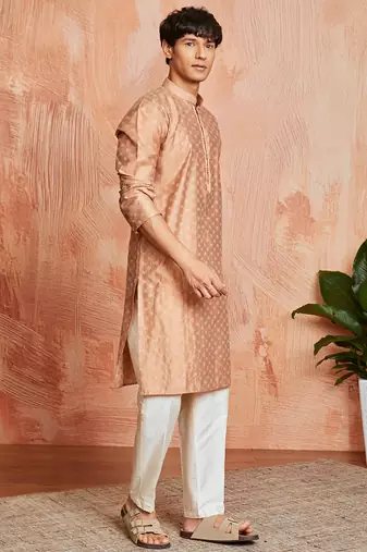 peach silk blend jacquard kurta with cream pyjama | festive wedding summer wear