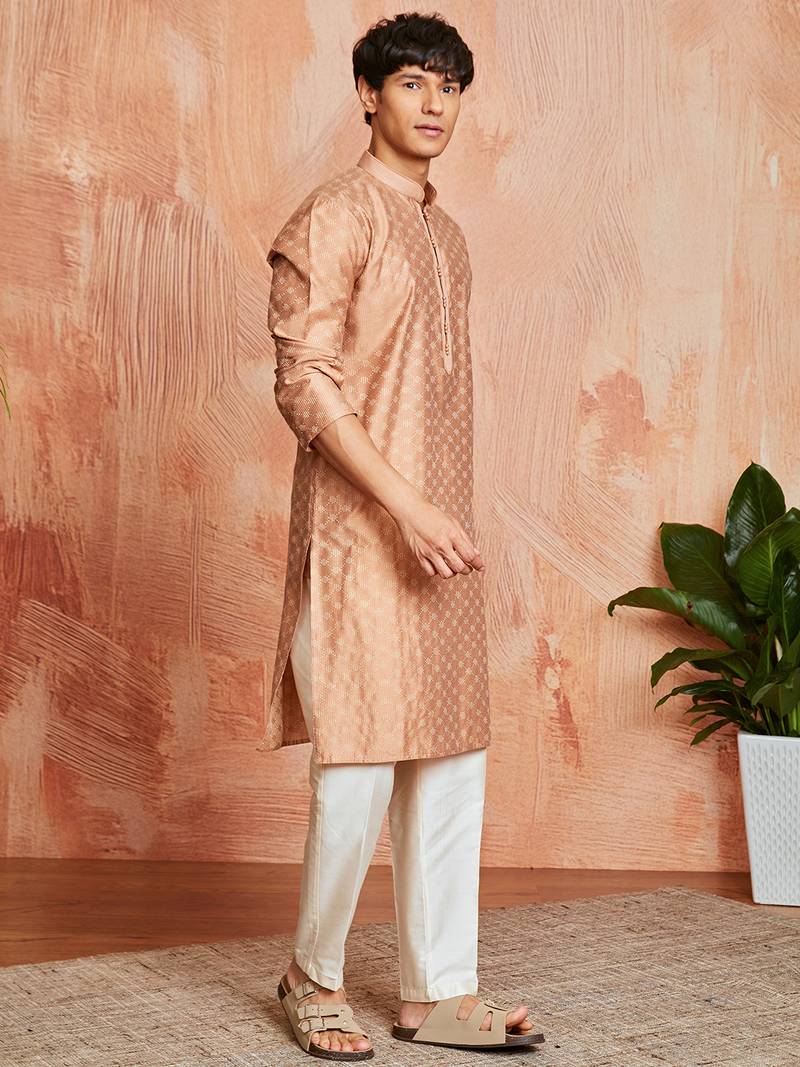 peach silk blend jacquard kurta with cream pyjama | festive wedding summer wear