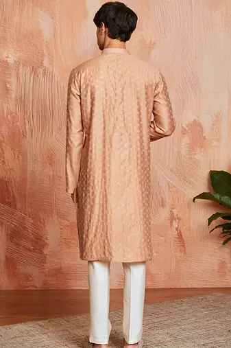 peach silk blend jacquard kurta with cream pyjama | festive wedding summer wear