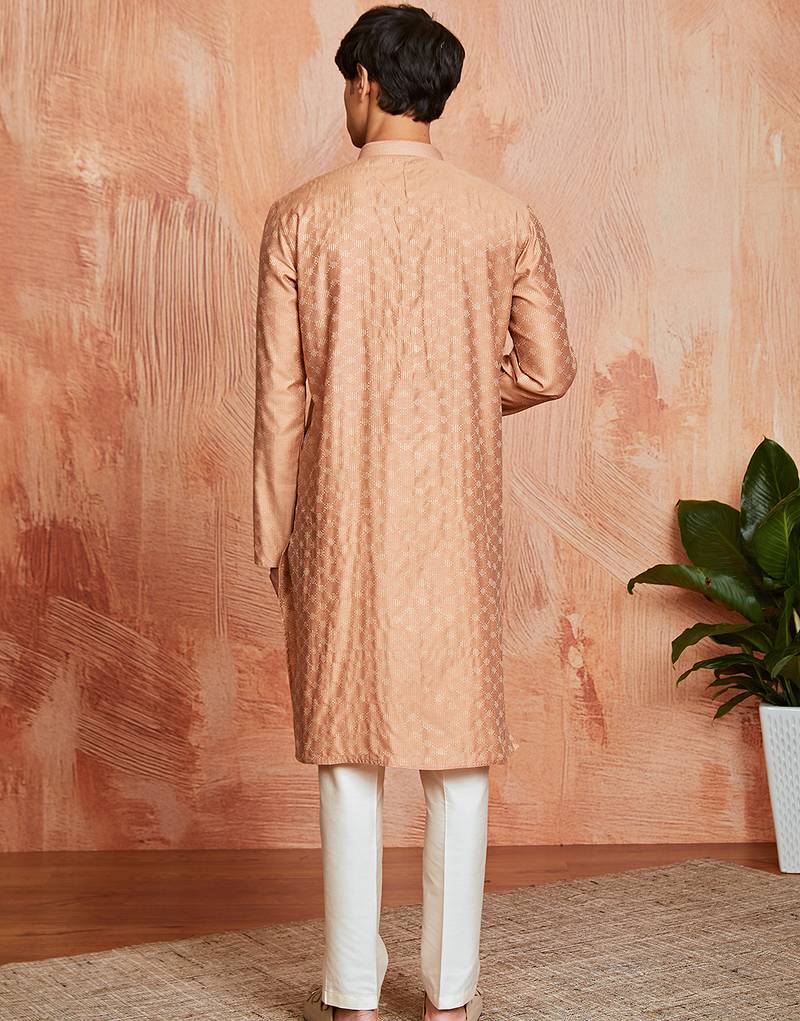 peach silk blend jacquard kurta with cream pyjama | festive wedding summer wear