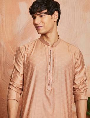 peach silk blend jacquard kurta with cream pyjama | festive wedding summer wear 4
