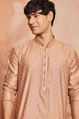 peach silk blend jacquard kurta with cream pyjama | festive wedding summer wear
