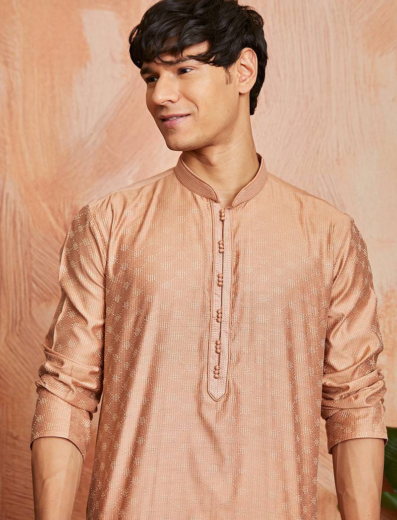 peach silk blend jacquard kurta with cream pyjama | festive wedding summer wear