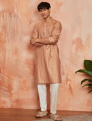 peach silk blend jacquard kurta with cream pyjama | festive wedding summer wear 5