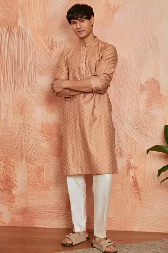 peach silk blend jacquard kurta with cream pyjama | festive wedding summer wear