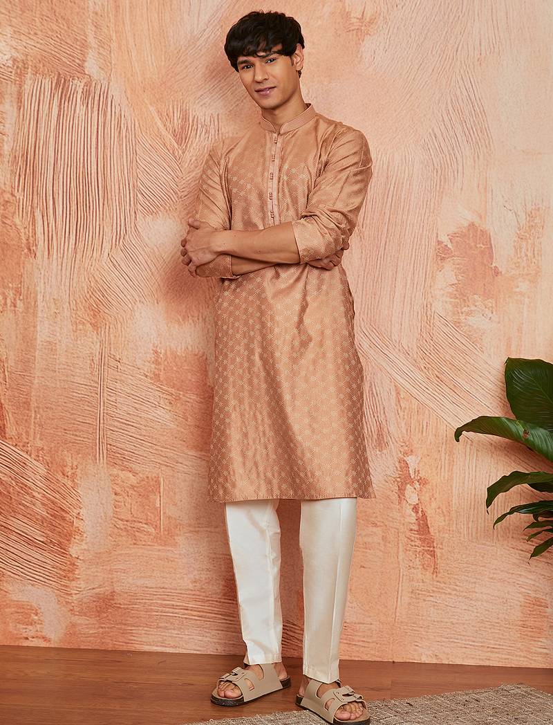 peach silk blend jacquard kurta with cream pyjama | festive wedding summer wear