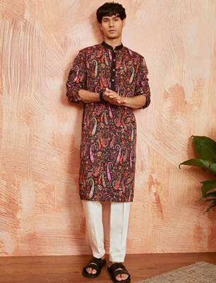 black paisley print viscose blend kurta with cream viscose pyjama | festive ethnic wear 1
