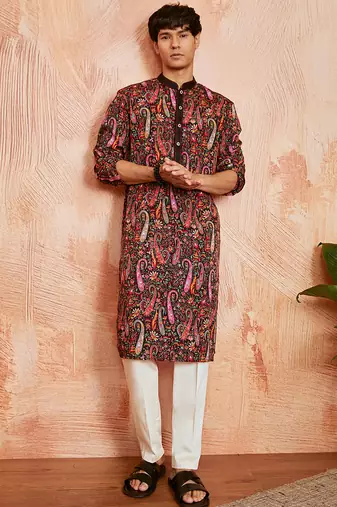 black paisley print viscose blend kurta with cream viscose pyjama | festive ethnic wear