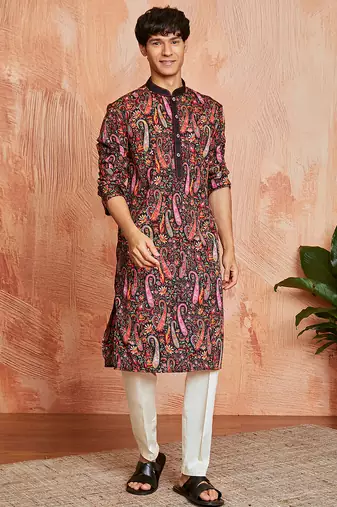 black paisley print viscose blend kurta with cream viscose pyjama | festive ethnic wear