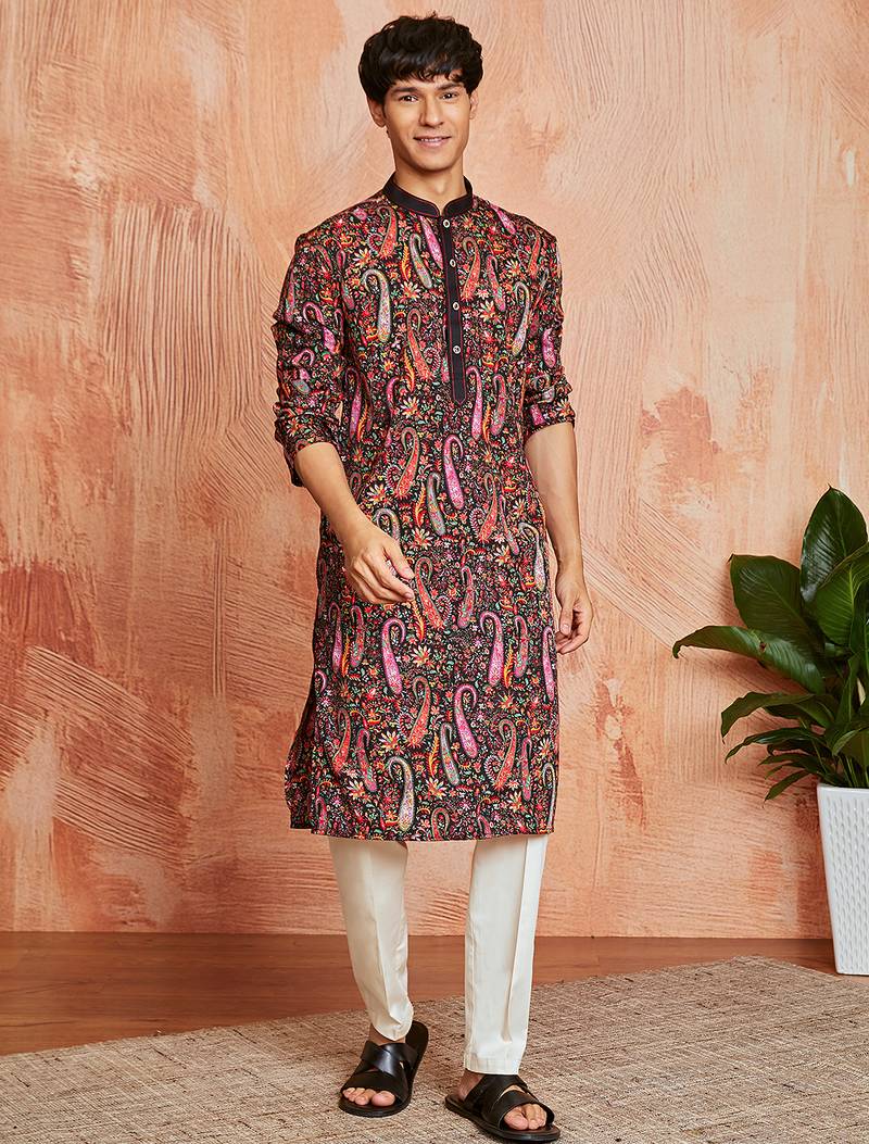 black paisley print viscose blend kurta with cream viscose pyjama | festive ethnic wear