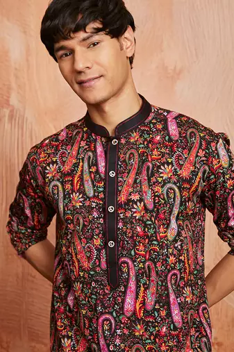 black paisley print viscose blend kurta with cream viscose pyjama | festive ethnic wear