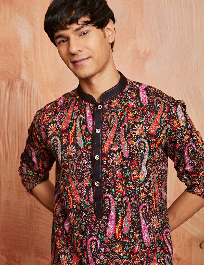 black paisley print viscose blend kurta with cream viscose pyjama | festive ethnic wear