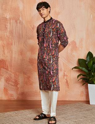black paisley print viscose blend kurta with cream viscose pyjama | festive ethnic wear 4