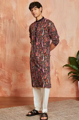 black paisley print viscose blend kurta with cream viscose pyjama | festive ethnic wear
