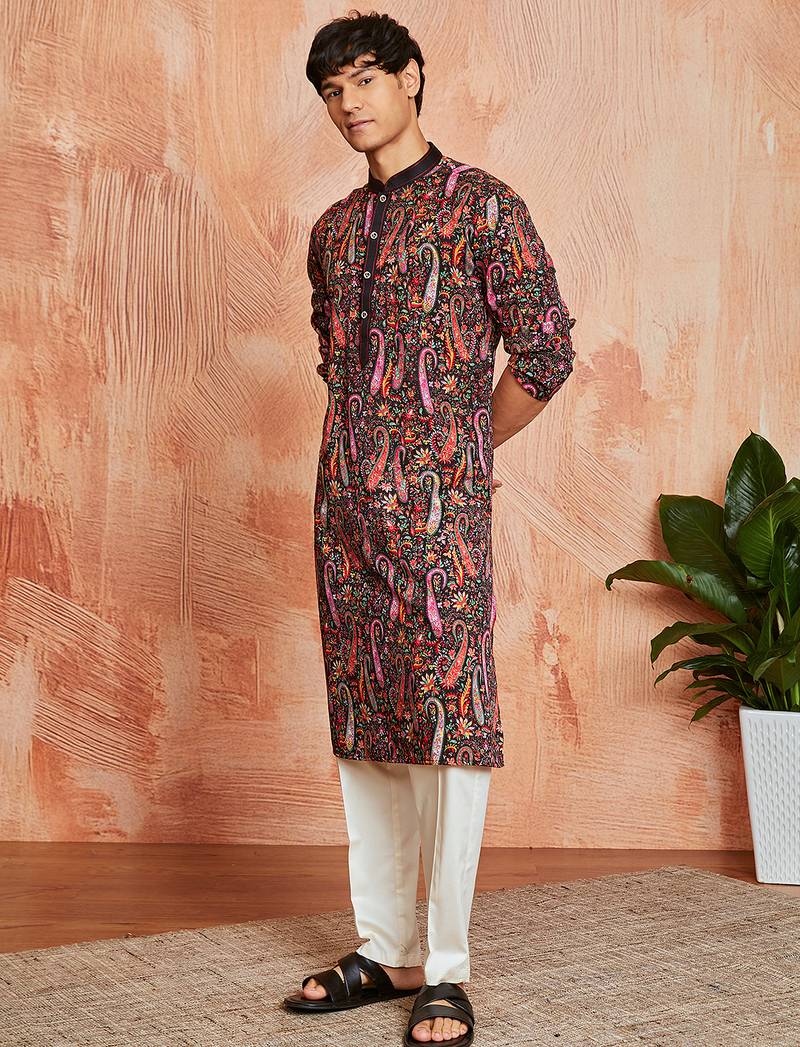 black paisley print viscose blend kurta with cream viscose pyjama | festive ethnic wear