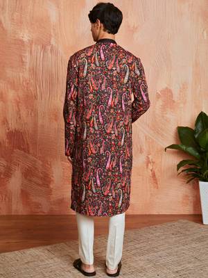 black paisley print viscose blend kurta with cream viscose pyjama | festive ethnic wear 5