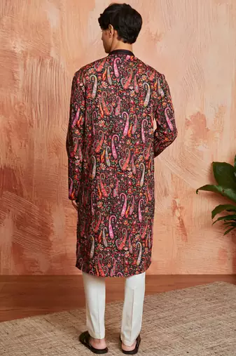 black paisley print viscose blend kurta with cream viscose pyjama | festive ethnic wear