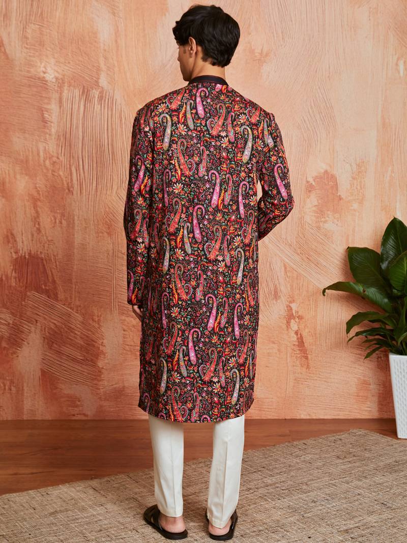 black paisley print viscose blend kurta with cream viscose pyjama | festive ethnic wear