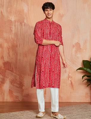 red foil bandhani digital print rayon kurta with cream viscose pyjama | bold festive ethnic wear 1