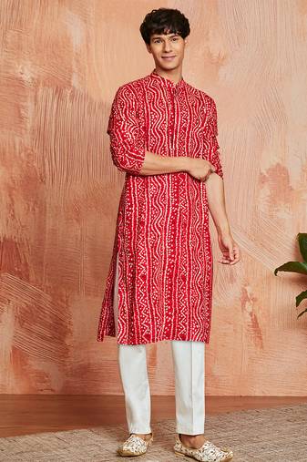 red foil bandhani digital print rayon kurta with cream viscose pyjama | bold festive ethnic wear