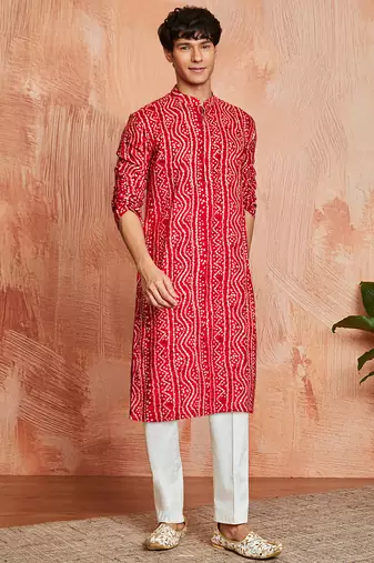 red foil bandhani digital print rayon kurta with cream viscose pyjama | bold festive ethnic wear