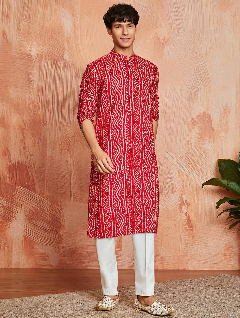 red foil bandhani digital print rayon kurta with cream viscose pyjama | bold festive ethnic wear