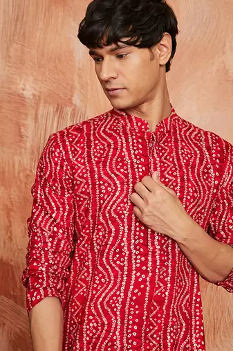 red foil bandhani digital print rayon kurta with cream viscose pyjama | bold festive ethnic wear