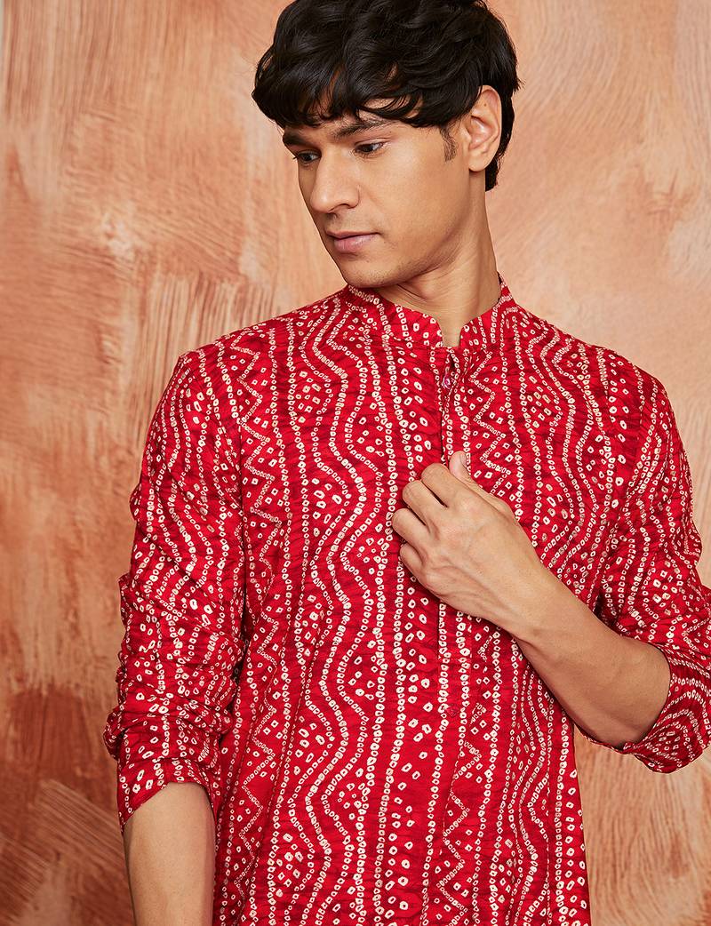 red foil bandhani digital print rayon kurta with cream viscose pyjama | bold festive ethnic wear