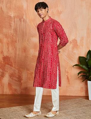 red foil bandhani digital print rayon kurta with cream viscose pyjama | bold festive ethnic wear 4