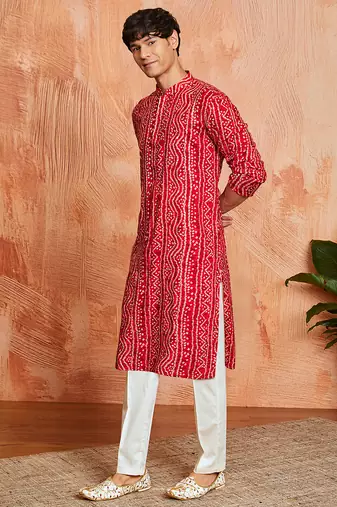 red foil bandhani digital print rayon kurta with cream viscose pyjama | bold festive ethnic wear