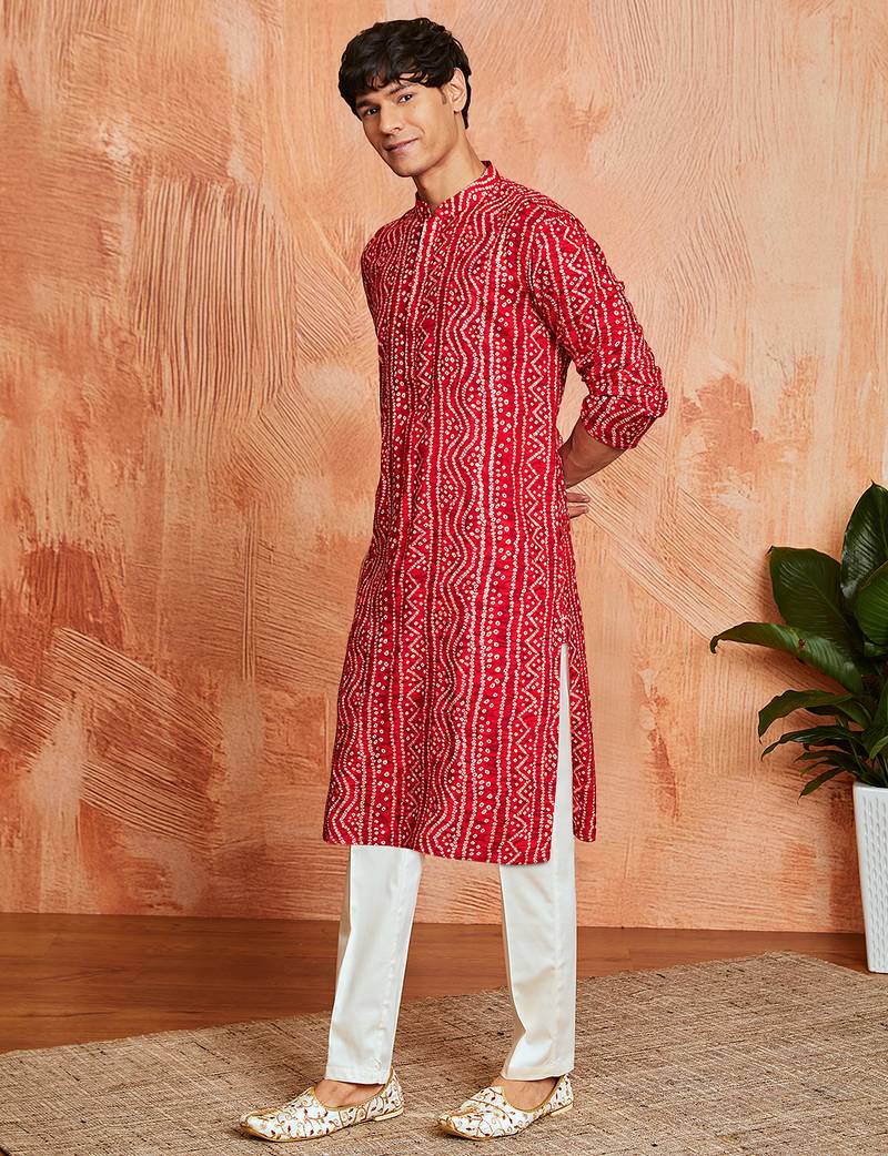 red foil bandhani digital print rayon kurta with cream viscose pyjama | bold festive ethnic wear