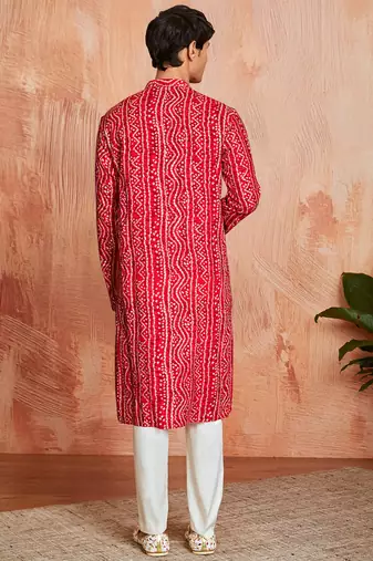 red foil bandhani digital print rayon kurta with cream viscose pyjama | bold festive ethnic wear