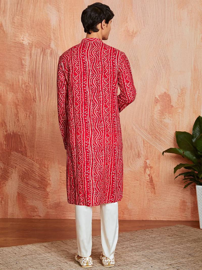red foil bandhani digital print rayon kurta with cream viscose pyjama | bold festive ethnic wear