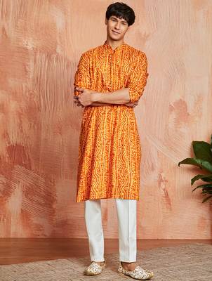 mustard foil bandhani digital print rayon kurta with cream viscose pyjama | warm festive set 1